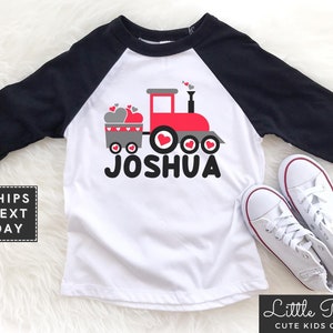 Personalized Name Valentine Train Kids Raglan, Custom Name Red Train Valentine&#39;s Baby Onesie®, Toddler Train Valentine&#39;s Day T-shirt
