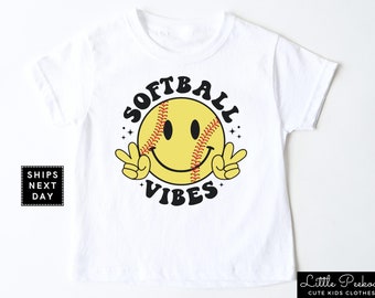 Softball Vibes Kids T-shirt, Retro Smiley Face Natural Baby Onesie®, Cute Softball Season Toddler Raglan Tee, Softball Game Kids Shirt