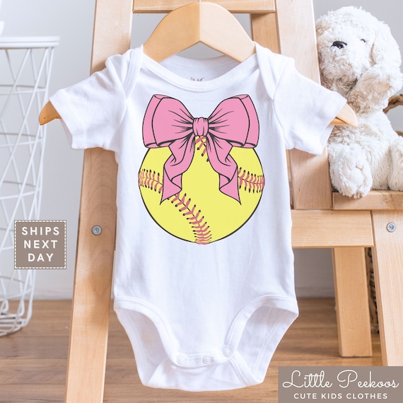 Cute Softball Baby Onesie, Coquette Softball Bow Kids T-Shirt, Soft Ball Girl Toddler Shirt, Softball Player Gift