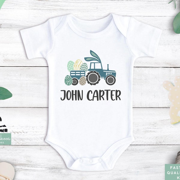 Personalized Easter Bunny Ear Tractor Onesie® - Cute Easter Egg Wagon Vehicle T Shirt - Toddler Boys Custom Easter Tee - Kids Easter Gift