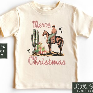 Merry Christmas Cowboy Natural Toddler Shirt, Cute Country Christmas Baby Onesie®, Kids Holiday Shirt or Raglan