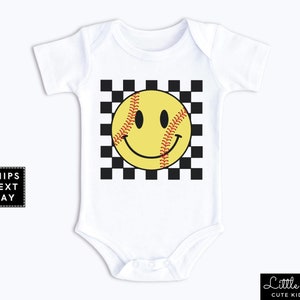 Retro Softball Baby Onesie®, Retro Smiley Face Natural Kids T-shirt, Cute Retro Checkerboard Raglan Tee, Softball Season Game Toddler Shirt