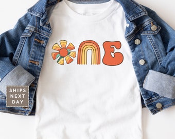One Birthday Toddler Shirt, Retro First Birthday Natural Onesie, 1st Birthday Gift, Colorful First Birthday Party Tee
