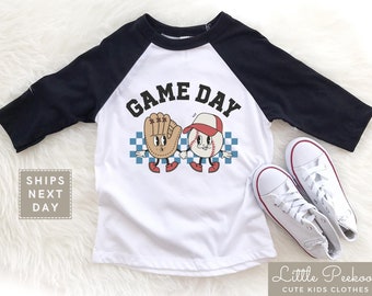 Retro Game Day Kids Raglan Tee, Cartoon Baseball Natural Baby Onesie®, Cute Baseball Season Toddler T-shirt, Baseball Game Day Kids Shirt