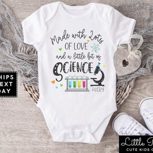 Made With Lots of Love and A Little Bit of Science Onesie®, Personalized IVF Baby Onesie®, Custom Name IVF Pregnancy Reveal Infant Bodysuit