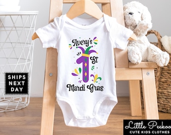 Personalized 1st Mardi Gras Baby Onesie®, Cute Mardi Gras Party Natural Infant Shirt, Custom First Mardi Gras Baby Tee