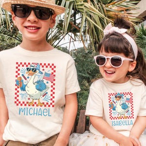 Custom Name 4th Of July Kids Shirt - Retro Goose Boys Baby Onesie® - Personalized Fourth of July Toddler Shirt - Matching Sibling Kids Tee