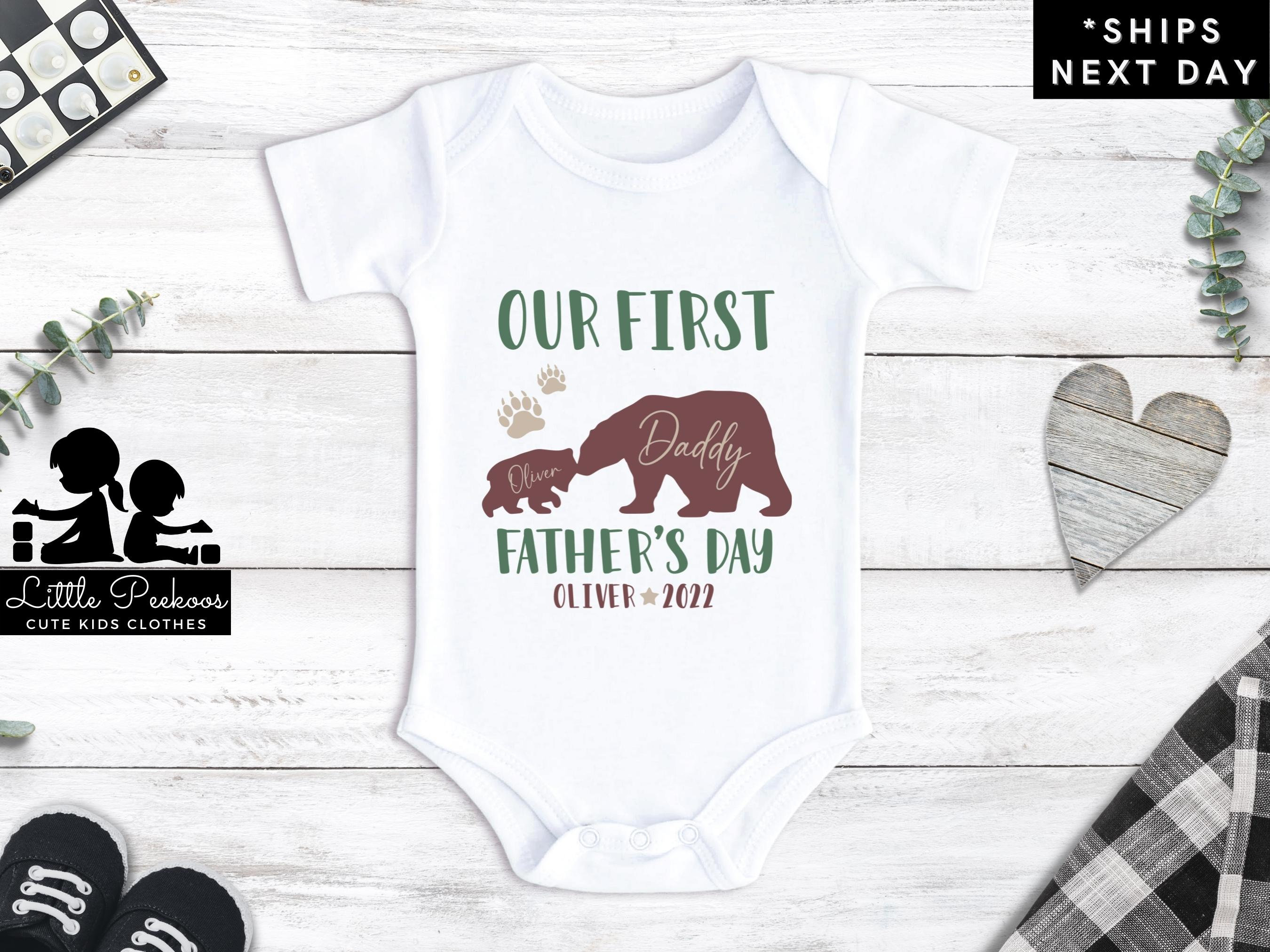 Personalized Our First Father's Day Onesie®, Cute Baby and Papa Bear First Father's Day Bodysuit or Baby T-Shirt, New Father Onesie®