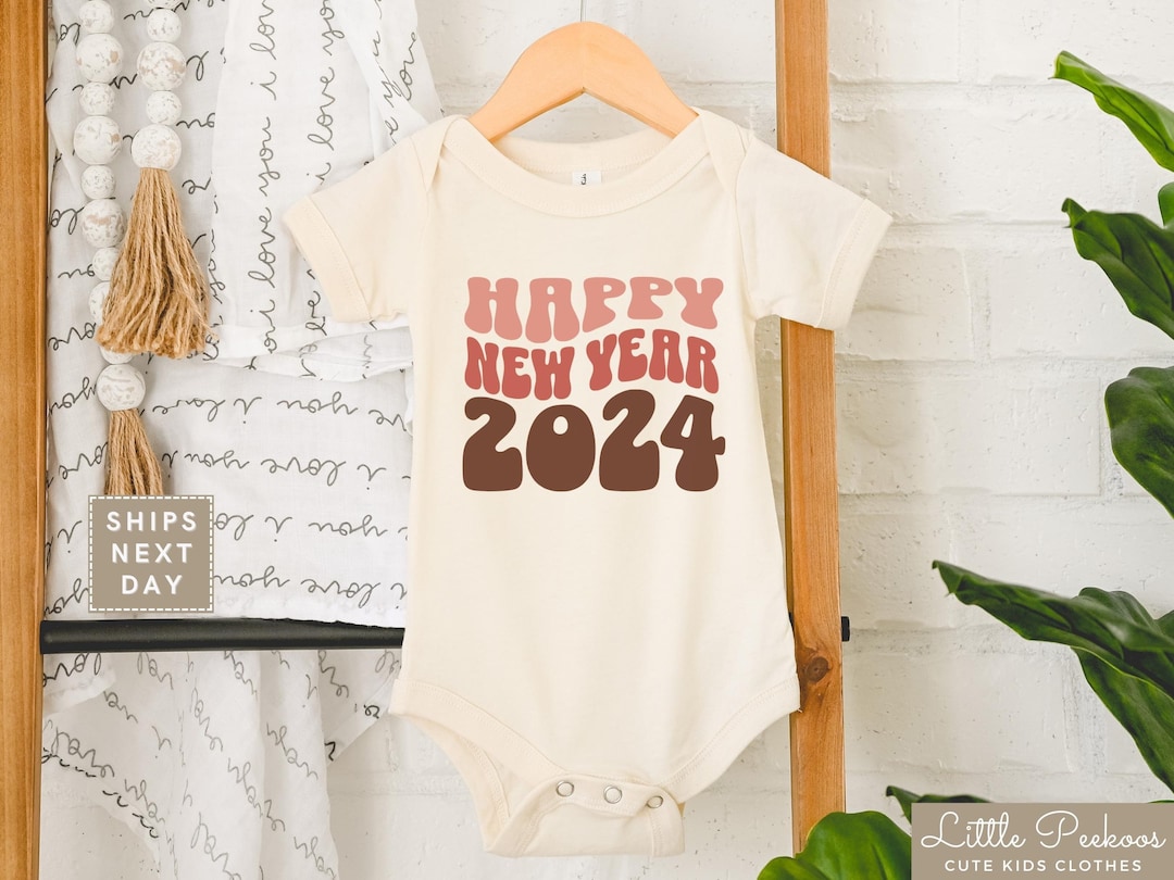 Happy New Year Natural Baby Onesie®, 2024 New Year Infant Bodysuit, Wavy  Retro New Years Party Baby Shirt, New Year Holiday Toddler Tee 