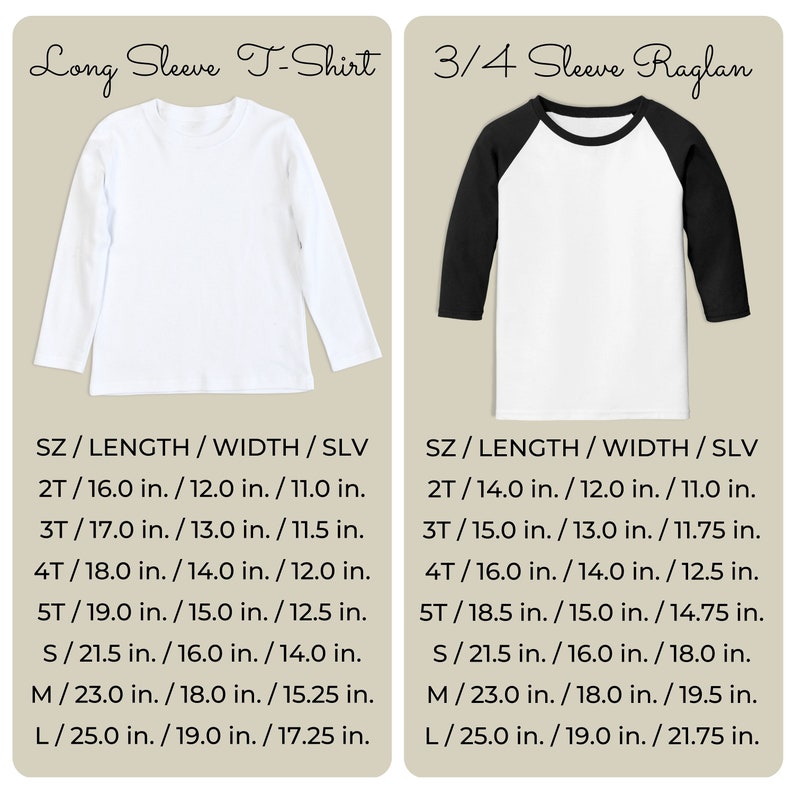 K&ouml;nnte beinhalten: Zwei Kinder-T-Shirts werden gezeigt. Eines ist ein wei&szlig;es Langarmshirt, das andere ein wei&szlig;es 3/4-&Auml;rmel-Raglan mit schwarzen &Auml;rmeln. Gr&ouml;&szlig;en- und Ma&szlig;angaben sind unter jedem Shirt aufgef&uuml;hrt.