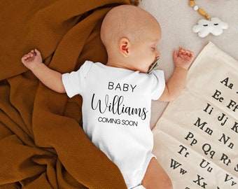 Personalized Last Name Baby Announcement Onesie®, Coming Soon Minimalist Baby Reveal Bodysuit, Custom Name Due Date Baby Arrival Onesie®