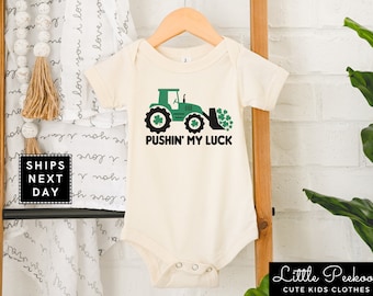 St. Patrick's Tractor Natural Baby Onesie®, Pushin' My Luck Cute Kids Shirt, Saint Patrick's Day Toddler T-shirt or Raglan Tee