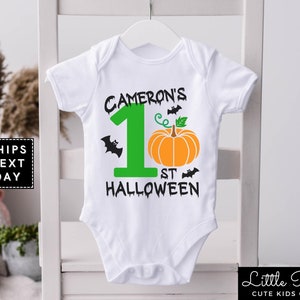 Personalized First Halloween Onesie®, Custom Name 1st Halloween Baby Shirt, Cute Green Orange Pumpkin First Halloween Tee