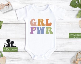 Girl Power Trendy Retro Onesie®,  Cute 70's Groovy Girl Power Kids T-Shirt or Raglan, Retro Old School Hipster "GIRL PWR" Bodysuit