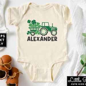 Personalized St. Patrick's Natural Baby Onesie®, St. Patrick's Tractor Toddler Shirt, Kids Saint Patrick's Day T-shirt or Raglan Tee