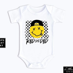 Rad Like Dad Retro Baby Onesie®, Cool Fathers Day Natural Toddler Shirt, Retro Smiley Face Checkerboard Kids Raglan, Baby Shower Gift