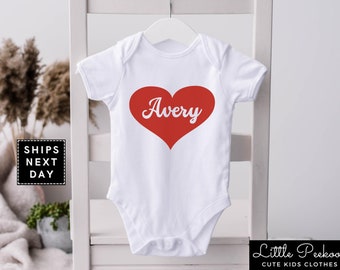 Personalized Valentine's Day Heart Baby Onesie®, Custom Name Red Valentine Heart Kids Shirt, Toddler Girl Valentine's T-shirt or Raglan Tee