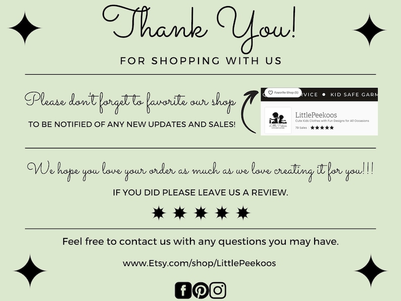 May include: Thank You! for shopping with us. Please don't forget to favorite our shop to be notified of any new updates and sales! We hope you love your order as much as we love creating it for you!!! If you did please leave us a review. Feel free to contact us with any questions you may have. www.Etsy.com/shop/LittlePeekoos