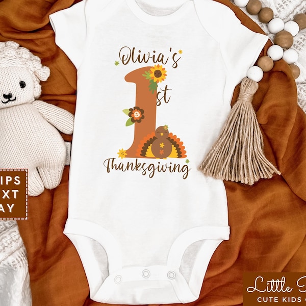 Personalized 1st Thanksgiving Baby Onesie®, Custom Name First Thanksgiving Infant Bodysuit, Cute Fall Floral Natural Baby T-shirt