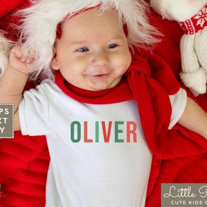 Personalized Name Christmas Baby Onesie®, Christmas Color Custom Name Natural Toddler Shirt, Minimalist Christmas Kids T-shirt or Raglan