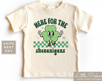 Here for the Shenanigans Kids Shirt, St. Patrick's Cartoon Clover Natural Baby Onesie® or Toddler T-shirt, Retro Checkerboard Kids Raglan