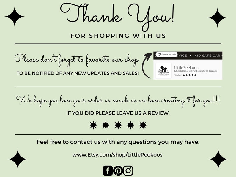 May include: Thank you for shopping with us! Please don't forget to favorite our shop to be notified of any new updates and sales! We hope you love your order as much as we love creating it for you! If you did please leave us a review. Feel free to contact us with any questions you may have. www.Etsy.com/shop/LittlePeekoos