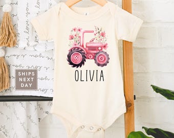 Personalized Pink Tractor Onesie® - Farm Lover Baby Tee - Custom Name Pink Floral Tractor Toddler Shirt - Farm Life Natural Infant Tshirt