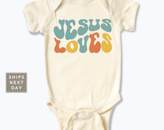 Jesus Loves Baby Onesie®, Retro Natural Toddler Shirt, Cute Christian Kids T-shirt or Raglan Tee