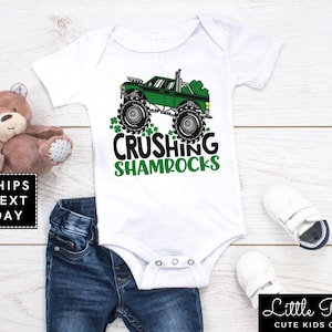 Crushing Shamrocks Baby Onesie®, Monster Truck St. Patrick&#39;s Natural Toddler Shirt, Kids Saint Patrick&#39;s Day T-shirt or Raglan Tee