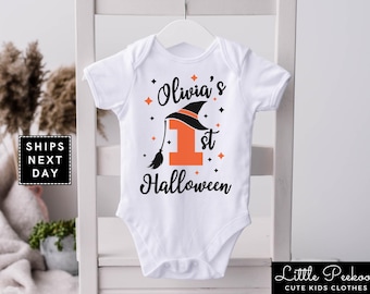 Personalized First Halloween Onesie®, Custom Name 1st Halloween Baby Shirt, Cute Witch Hat First Halloween Tee