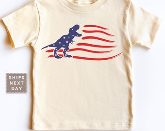 Patriotic Natural Toddler Shirt - Fourth of July Dinosaur Youth T-shirt - American Flag Infant Tee - 4th of July Gift for Kids