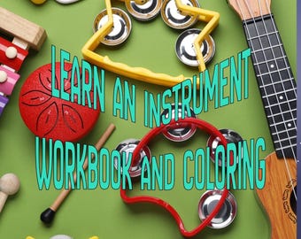 Può includere: Una collezione di strumenti musicali che include un pianoforte giocattolo giallo, un ukulele in legno, due tamburelli a forma di stella, due maracas rosse con pois bianchi, un tamburo rosso e uno xilofono, con il testo LEARN AN INSTRUMENT WORKBOOK AND COLORING.