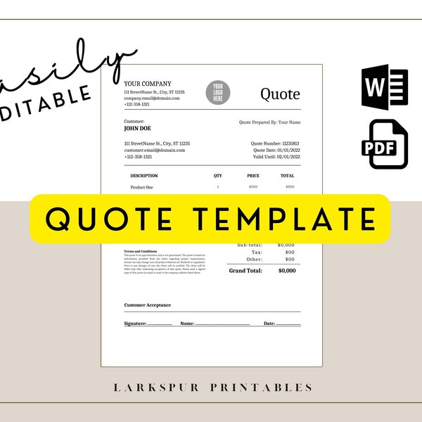 Editable Quote Template, Printable Quote Template PDF Word, Price Quote Printable Template, Quotation Template, Business Quote Cost Estimate