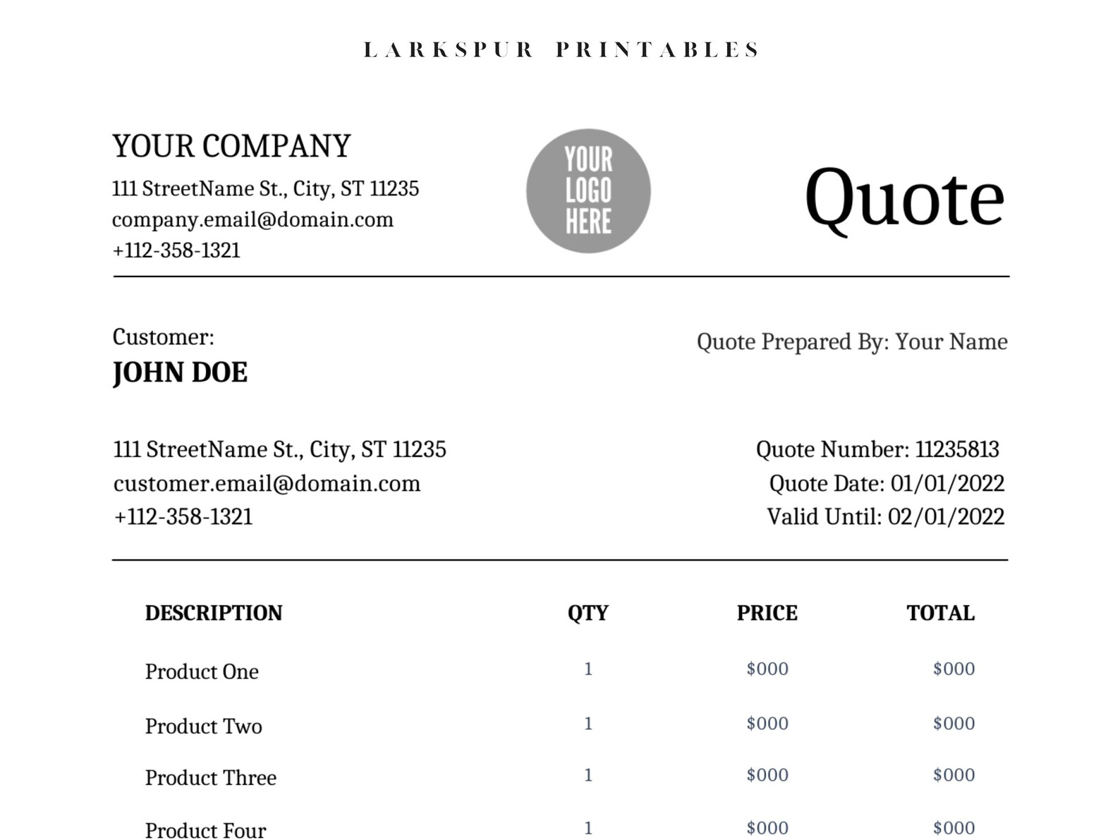 Editable Quote Template, Printable Quote Template PDF Word, Price Quote