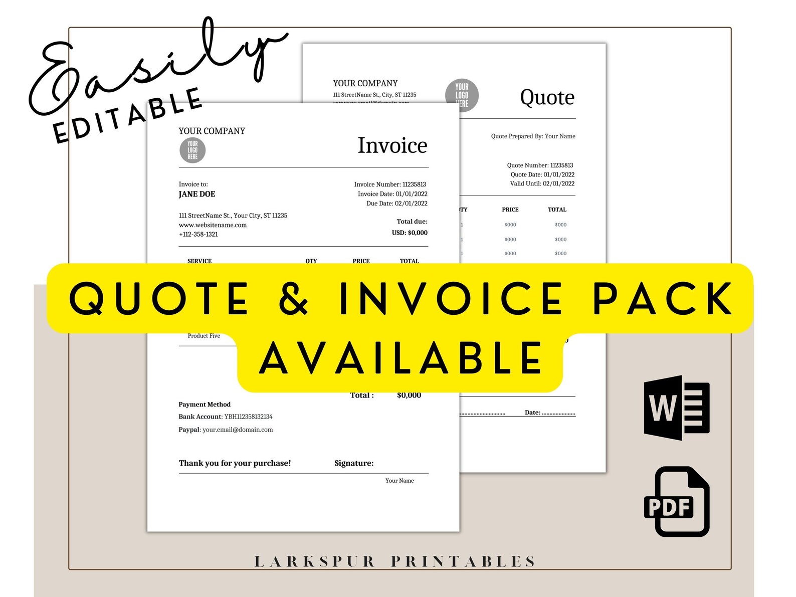 Editable Quote Template, Printable Quote Template PDF Word, Price Quote ...