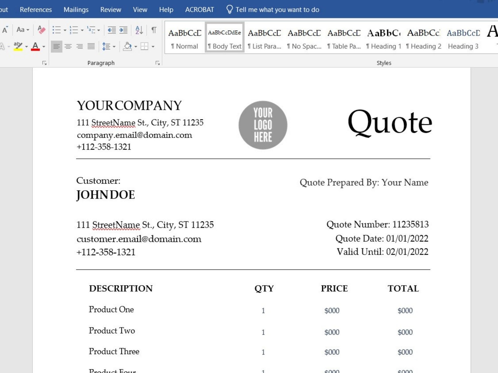 Editable Quote Template, Printable Quote Template PDF Word, Price Quote