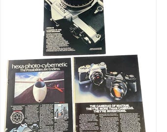 Mixed Lot of 3 Vintage 1980 Camera Print Ads Olympus Nikon Canon 10” x 7”