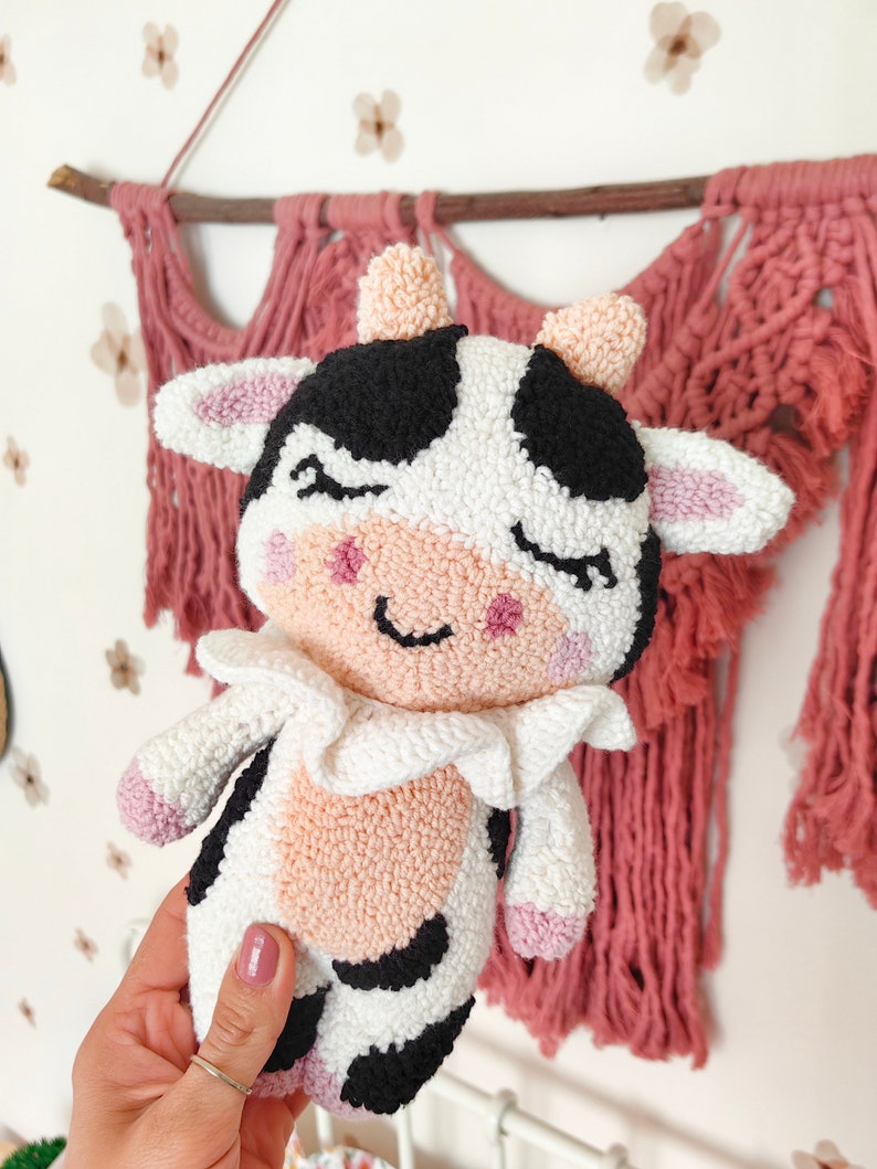 Crochet animal, Crochet Plushie, Punch Doll, Punch Needle, Crochet, Baby Farm Animal, Baby Room Decor, Cow Nursery Decor, Custom Plush image 3