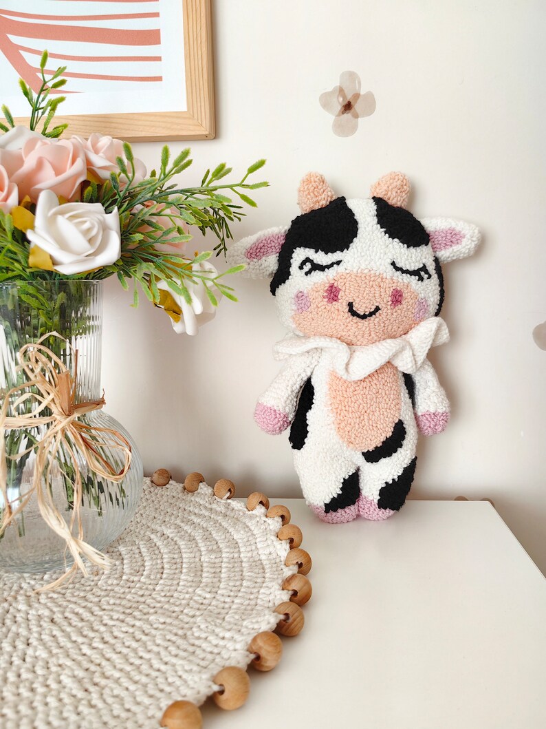 Crochet animal, Crochet Plushie, Punch Doll, Punch Needle, Crochet, Baby Farm Animal, Baby Room Decor, Cow Nursery Decor, Custom Plush image 5