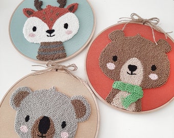 Set f 3 wall art, baby room decor, safari nursery decor, punch needle, embroidery hoop, nursery wall hanging