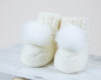 Bottes bébé en laine mérinos australienne avec pompons en fourrure de vison véritable