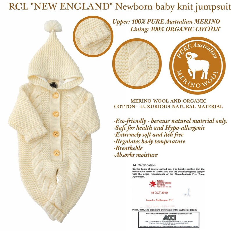 Twolayer Chunky Knit AUSTRALIAN MERINO WOOL Jumpsuit for Newborn Baby