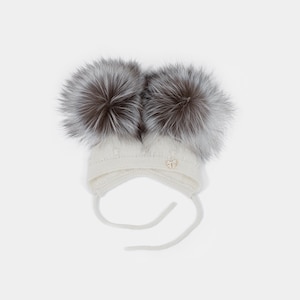 Fluffy Pure Cashmere Baby / Toddler hat with Silver Fox Fur PomPoms
