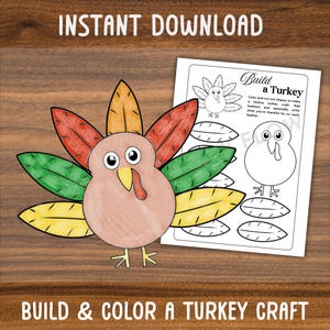 Build a Turkey Kid&#39;s Craft | Printable Thanksgiving Turkey Craft | Kid&#39;s Thanksgiving Activity | Thanksgiving Coloring Activity for Kids