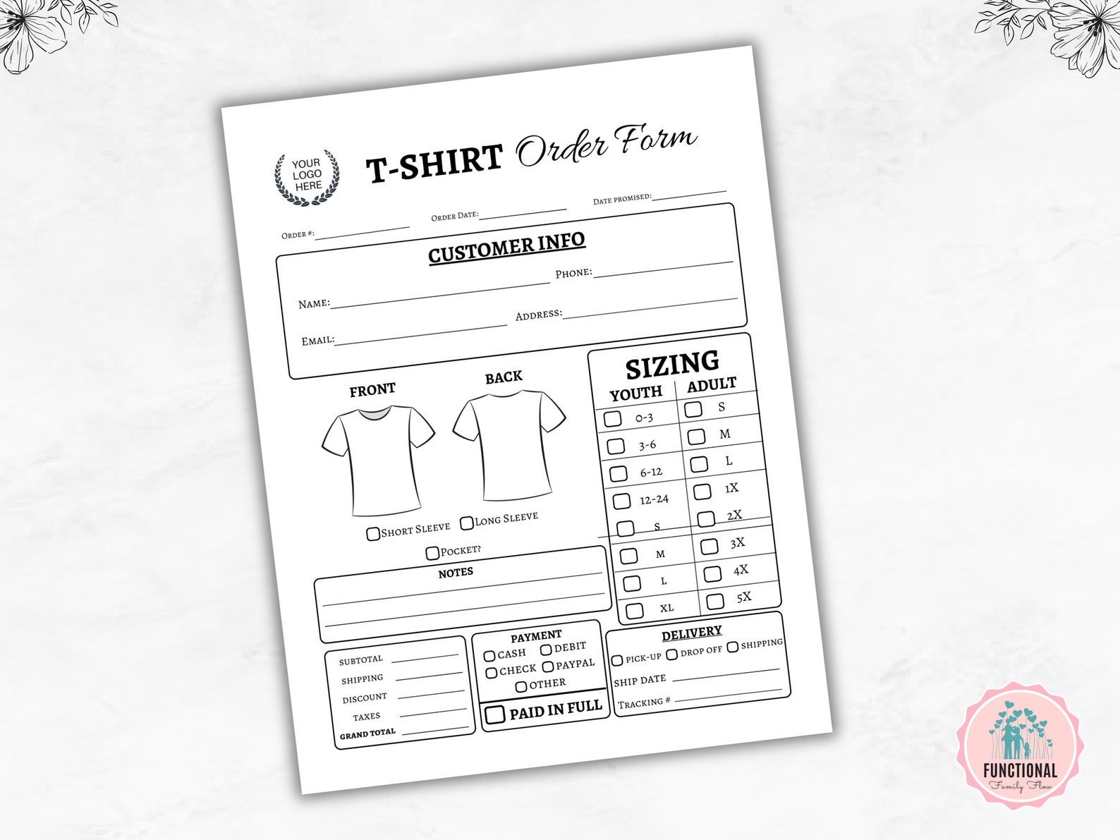 Editable T-shirt Order Form | Tshirt Order Template | Custom T Shirt ...