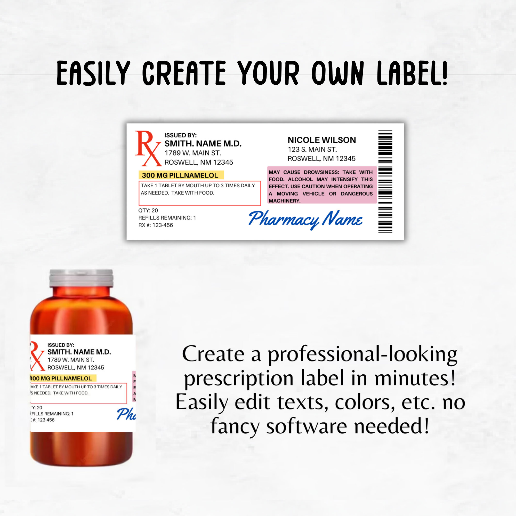 Prescription Label Template | Editable Horizontal RX Bottle Label ...