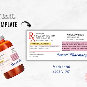 Prescription Label Template Editable Horizontal RX Bottle Label ...