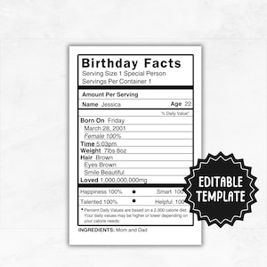 Editable Birthday Nutrition | Nutrition Facts | Nutrition Label Template | Birthday Candy or Chip Bag | Birthday Nutrition Fact