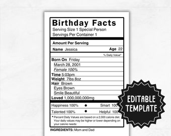 Editable Birthday Nutrition | Nutrition Facts | Nutrition Label Template | Birthday Candy or Chip Bag | Birthday Nutrition Fact