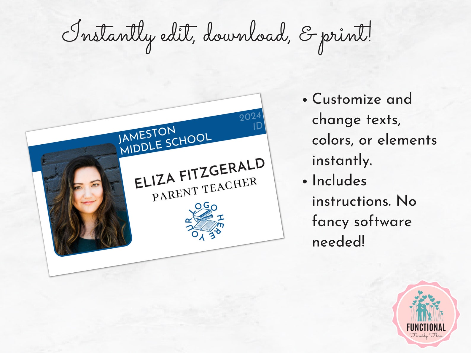 Editable id card template printable homeschool teacher badge etsy finland